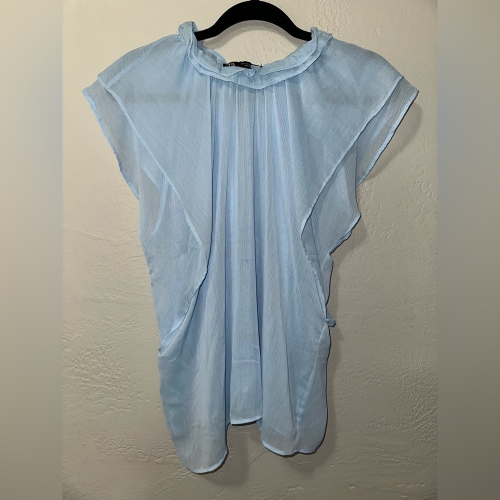 Zara Women's Light Icy Blue Ruffle Sleeveless High Neck Sheer Blouse Shirt Top